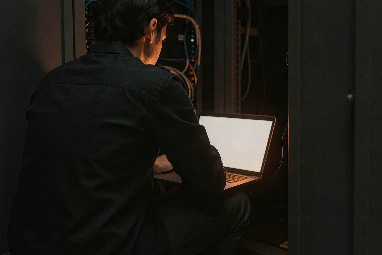Technikerin an einem geöffneten Serverschrank, ein Notebook auf dem Knie