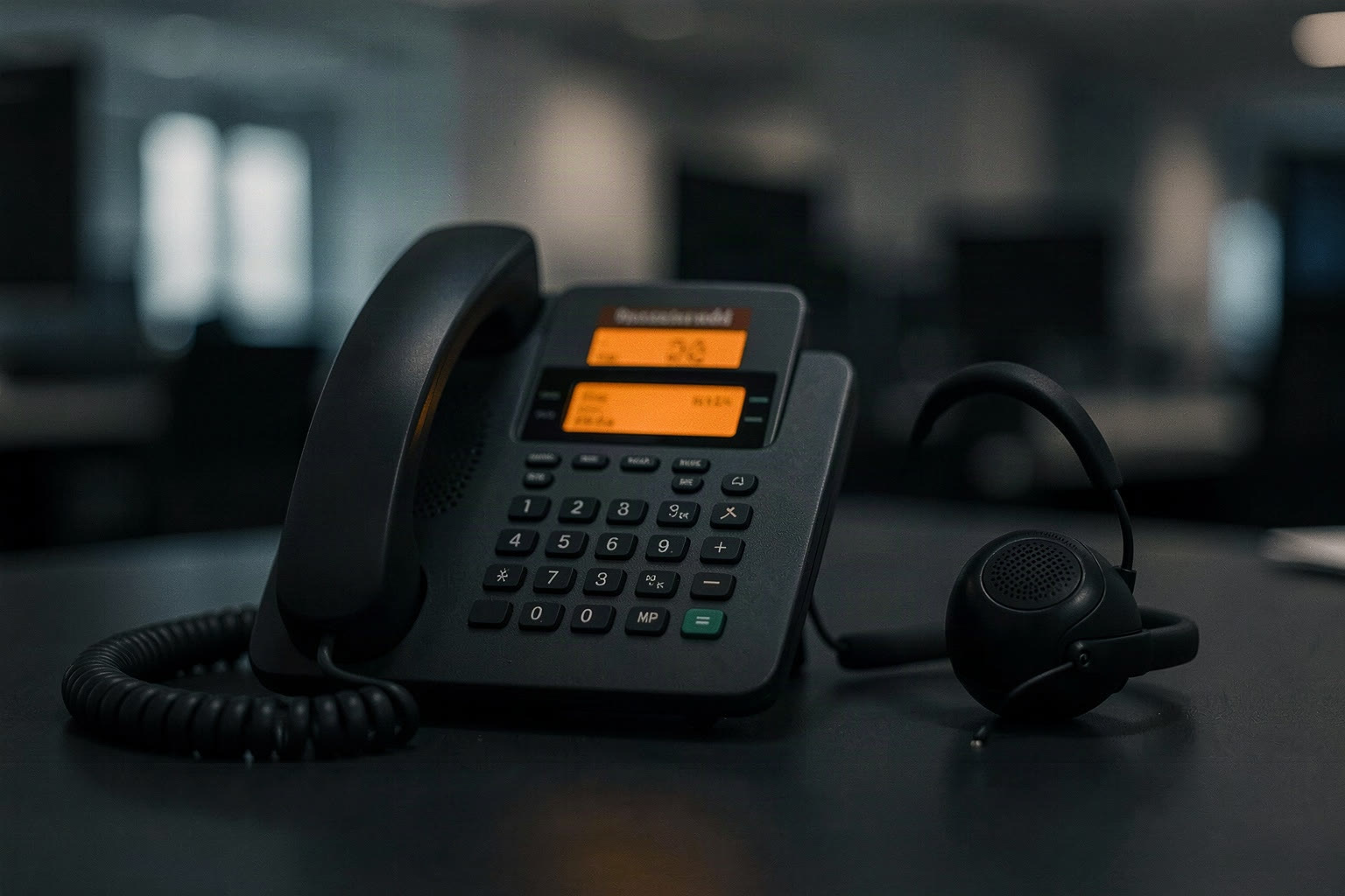 Ein Tischtelefon und ein Headset auf einem dunklen Schreibtisch