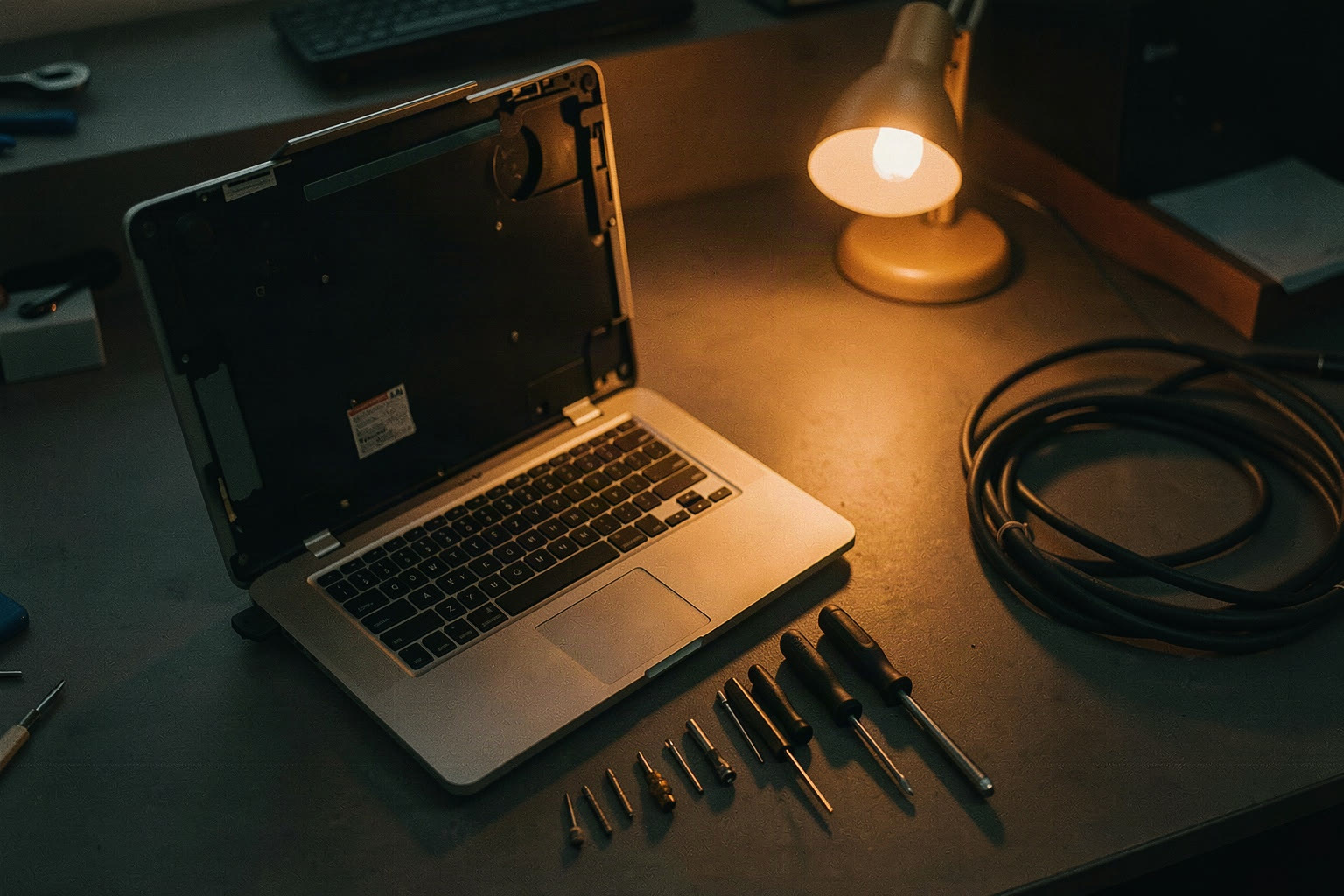 Werkbank mit geöffnetem Notebook und Werkzeug